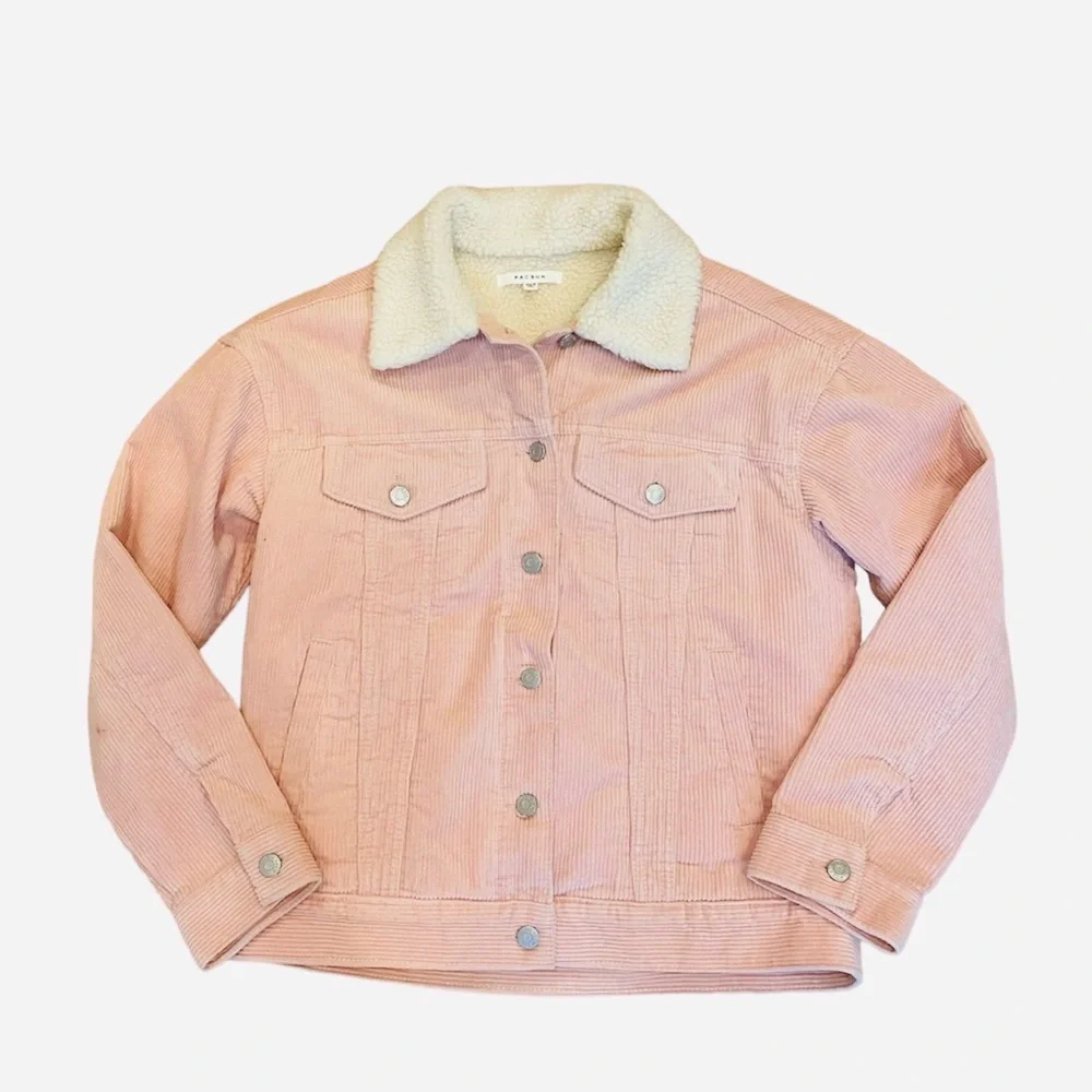 PacSun Pink Corduroy Sherpa Lined Trucker Jacket Faux Fur Oversized XS S - Picture 2 of 8
